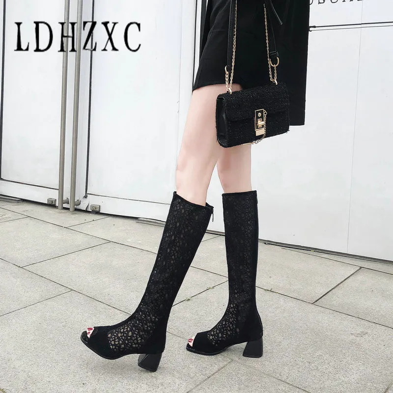 

LDHZXC 2019 Fashion Women's Boots Peep Toe Booties Square Heel Boots Zipper Sexy Lace Mesh Boots Summer Cool Boots Women Shoes