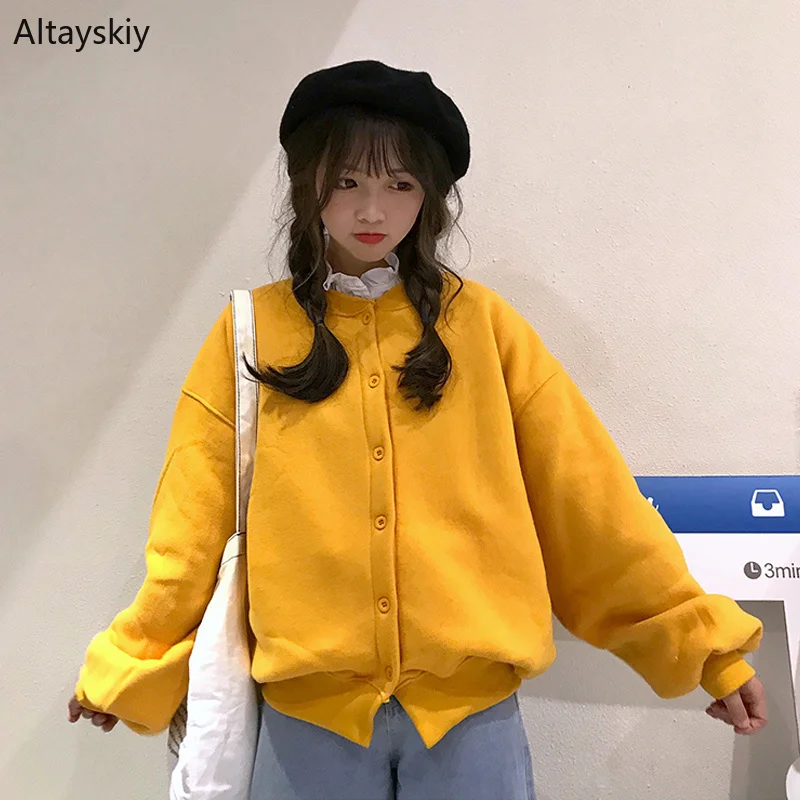 

Hoodies Women Trendy Kawaii Solid Single Breasted Elegant Korean Style Womens All-match Lovely O-Neck Female Sweatshirts Autumn