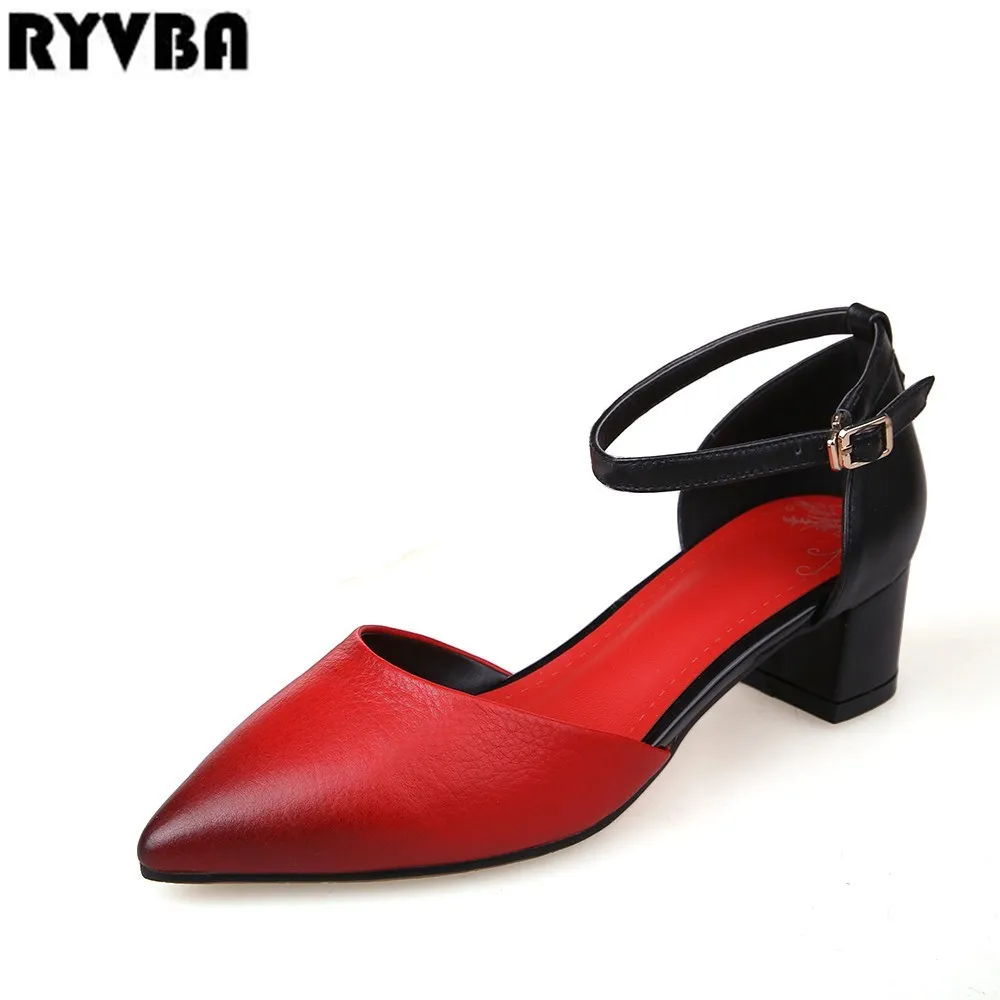 

RYVBA women summer genuine leather pointed toe shoes 2018 summer woman square heels sandals womens fashion ladies sexy sandal