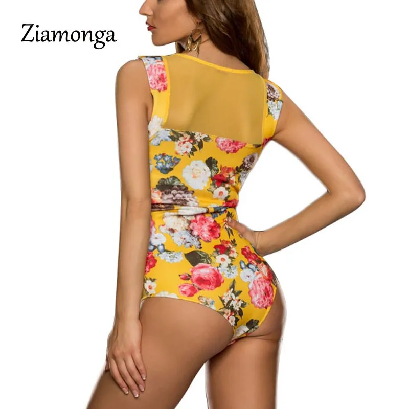 Ziamonga 2019 Fashion Rompers Womens Jumpsuit Printed Floral Sleeveless Women One Piece Sexy Slim Bodysuit Mesh Playsuits C2854