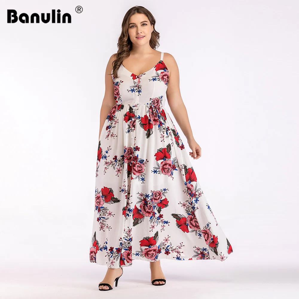 

Banulin Women Summer Plus Size 5XL Cold Shoulder Floral Overlap Dress Spaghetti Strap Sleeveless Floral Print Beach Dress Robe
