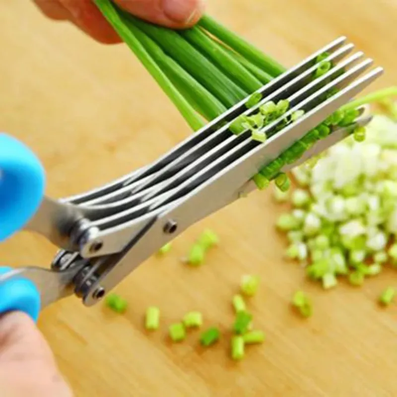 

5 Layers Multi-functional Stainless Steel Kitchen Knives Scissors Sushi Shredded Scallion Cut Herb Spices Scissors Green Blue