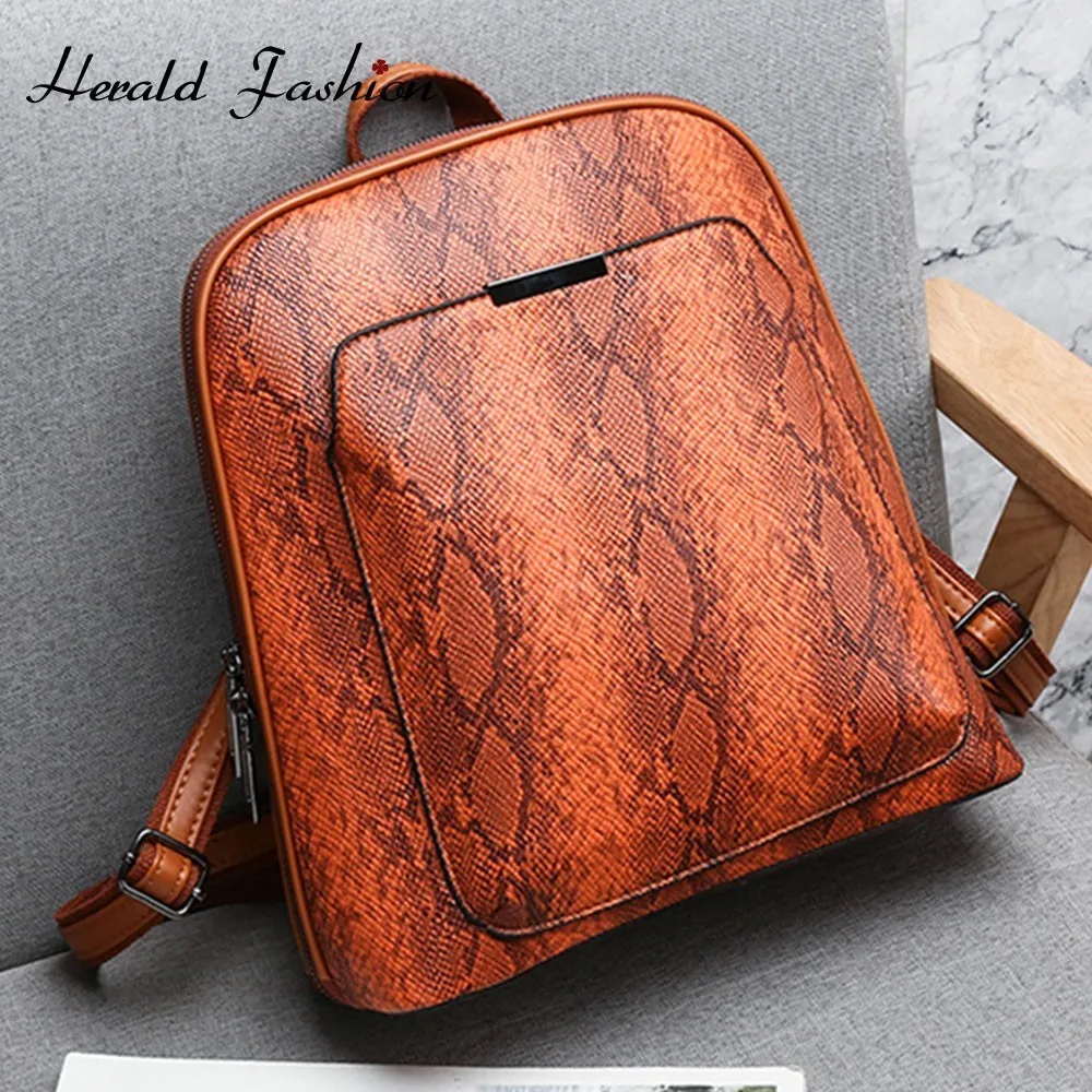 

Herald Fashion Women Vintage Leather Backpack Serpentine Prints Travel Bags Small School Backpack For Teenage Girls Anti Theft