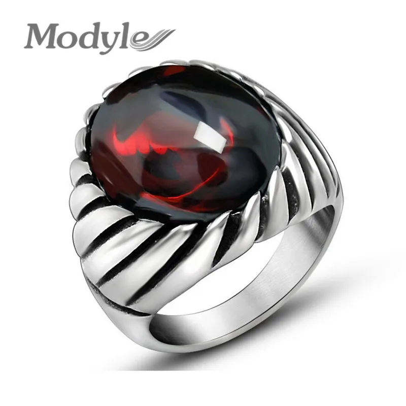 

Modyle Black Onyx Red Opal Ring For Men Thick Band In Antique Titanium Stainless Steel Vintage Gothic Style Mens Acessories