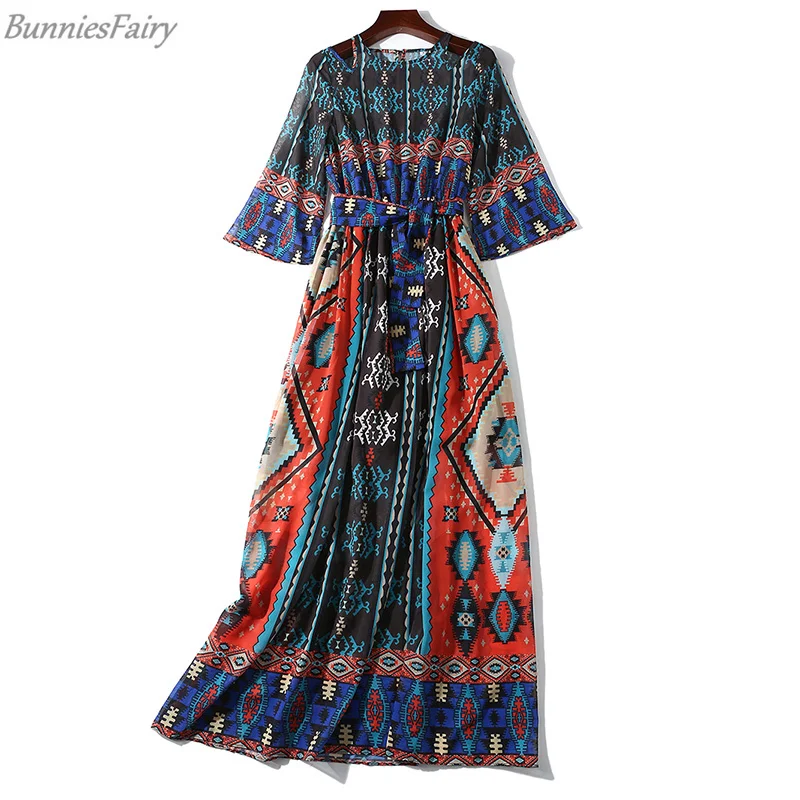 

BunniesFairy 2019 Summer Women Runway Bohemian Boho Style Geometric Floral Print Long Maxi Dress Ankle-Length Beach Holiday Wear