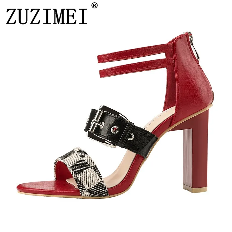 

Summer Elegant Gladiator Woman Thick High Heels Female Fetish Open Toe Zipper Sandals Block Nude Heels Lady Sexy Party Shoe