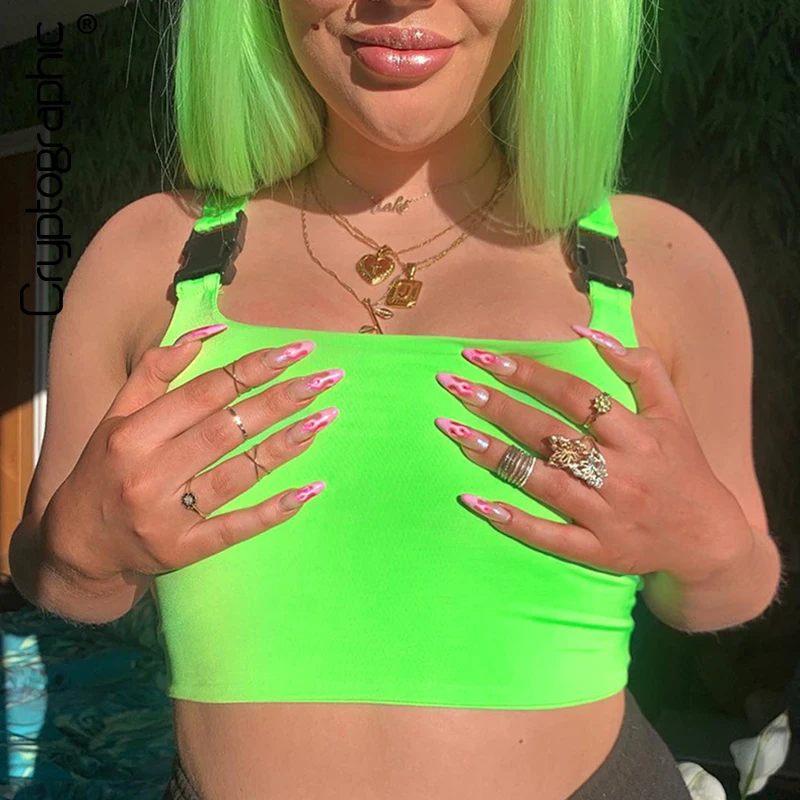 Криптографический модный неоновый зеленый праздничный укороченный топ с пряжкой без рукавов, летняя майка, повседневный сексуальный укороченный топ Feminino