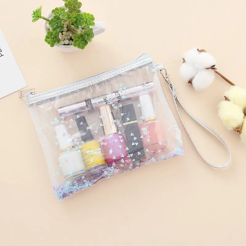 Casual PVC Zipper Cosmetic Beauty Bag Hand Pull Sequin Quicksand Make Up Bag Pouch Travel Portable Makeup Wash Bag Necessarie