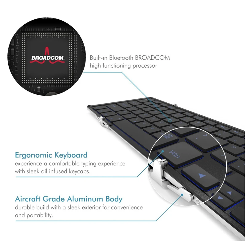  B.O.W Wireless Foldable keyboard with 3-Color Backlight Full size Tri-folding bluetooth keyboard fo