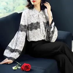 Для женщин блузка 2018 Весна Европа мода ресницы Кружево пуловер с принтом Blusa v-образным вырезом длинными расклешенными рукавами Рубашки для