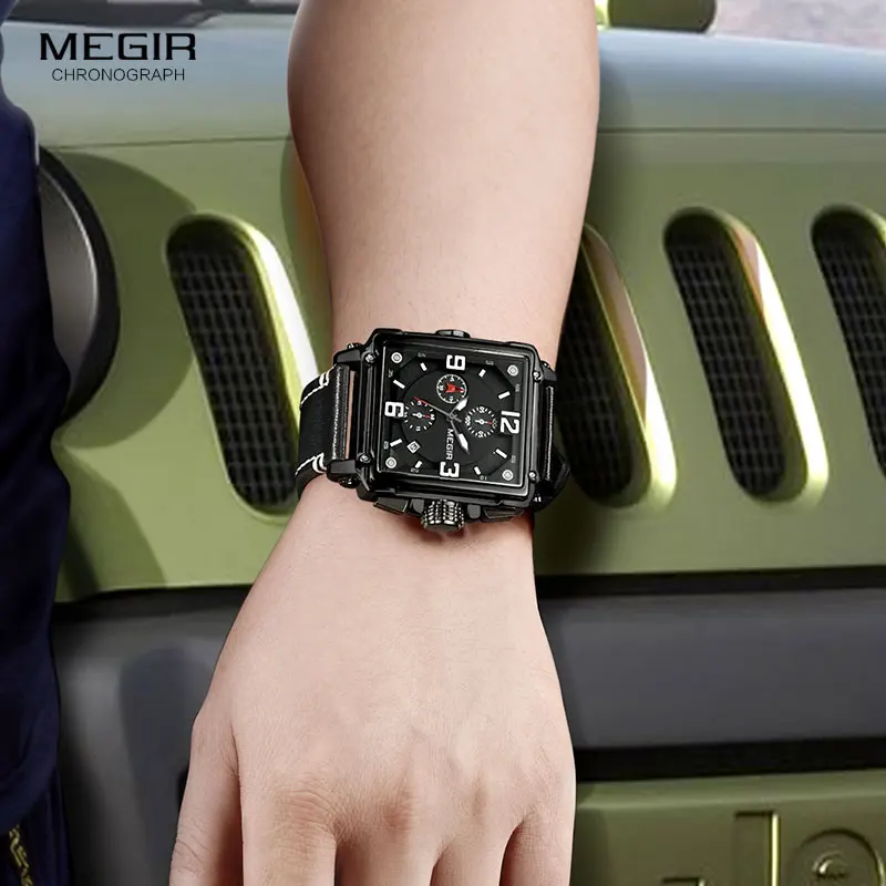 MEGIR Men's Sports Chronograph Wrist Watch for Men Army Leather Square Quartz Stop Watch Clock Man Relogios Masculino 2061Black - Image 4