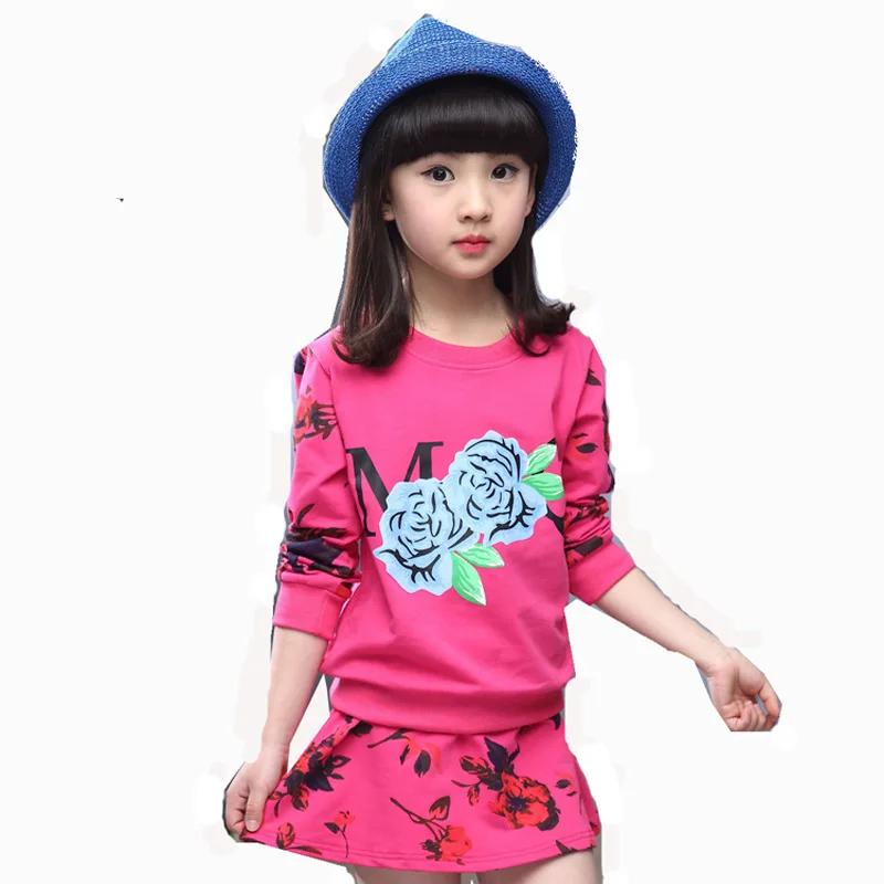 

Children Clothing Girls Set Flowers printing Sport Suits T Shirt+Skirt baby kids suits 2 pcs spring autumn girls clothing C0016