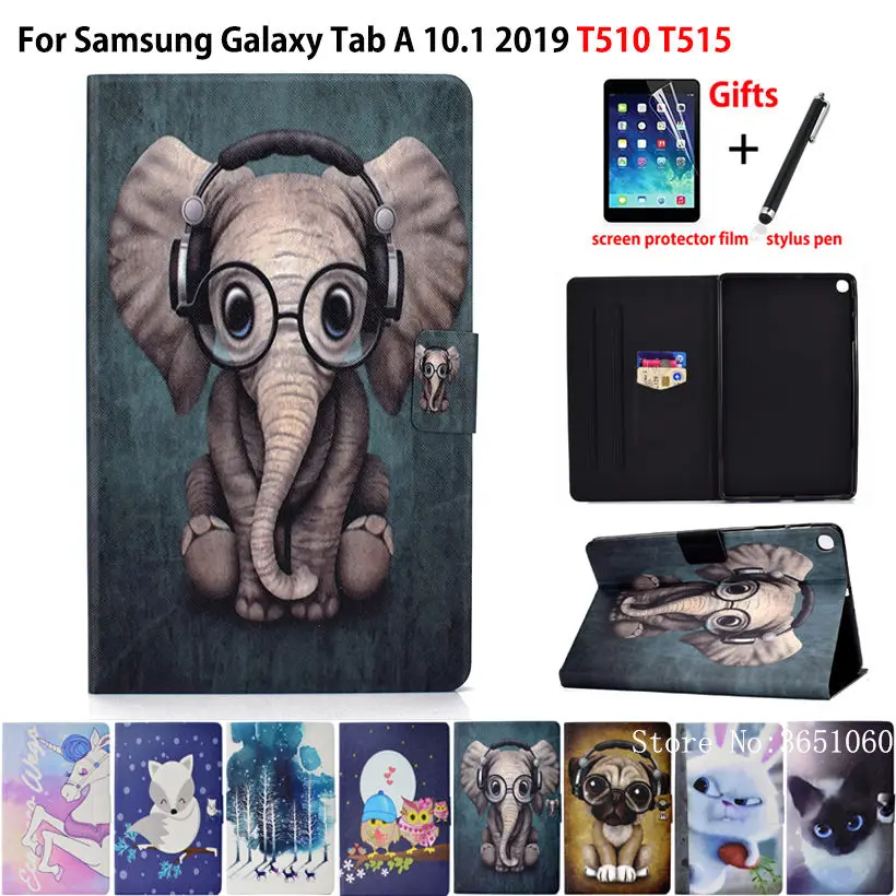 Чехол для samsung Galaxy Tab A 10,1 T510 T515 SM-T510, Модный чехол с изображением животных, силиконовый чехол из искусственной кожи с подставкой+ пленка+ стилус