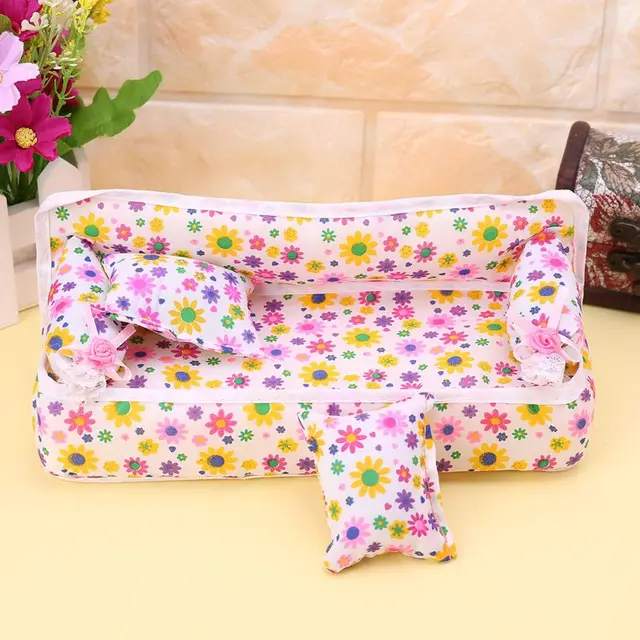 Special Offers Doll Sofa House Dollhouse Floral Printed Decoration Living Room Chair Mini Furniture Flower With Pillow Cushion Kids Toys