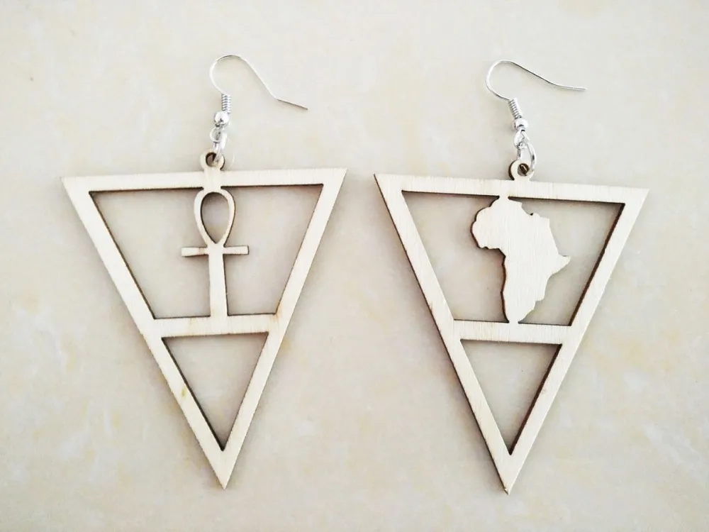 

10 pair!! natural color Laser cut Inverted triangle geometric African map , laser cut corss Hollow Wood earrings WE-0109
