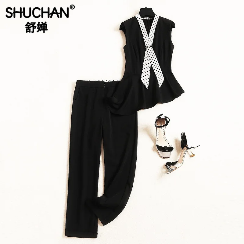 

Shuchan 2 Piece Set Women Office Lady Summer Clothes for Women Ensemble Femme Designer Two Piece Set Top and Pants 51281