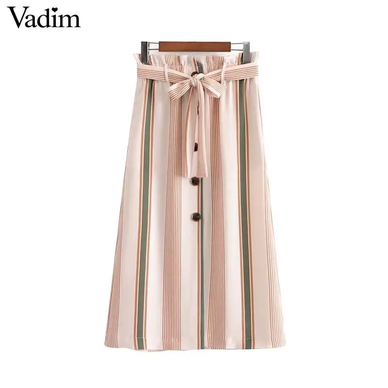

Vadim women chic striped midi skirt faldas mujer bow tie sashes pockets elastic waist retro female casual mid calf skirts BA469