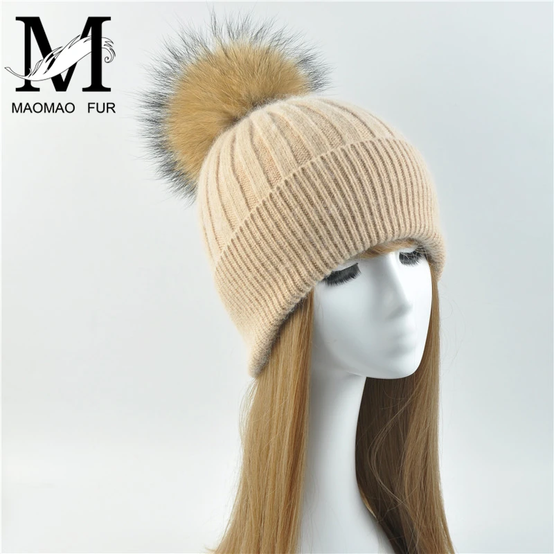 Ceny Kobiety czapka zimowa kobieta wymienny prawdziwy szop Pompon futrzany kapelusz czapka wełna czapka futro naturalne Pompon kapelusz dla kobiet czapki
