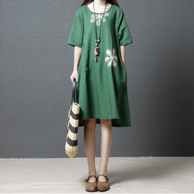 

Johnature Women Casual Dress 2019 Summer New O-Neck Short Sleeve Japan Style Print Floral Women Clothes Dresses