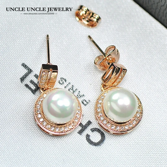 

Rose Gold Color Shell Round Simulated Pearl Element Rhinestones Micro Setting Luxury Lady Earring Wholesale