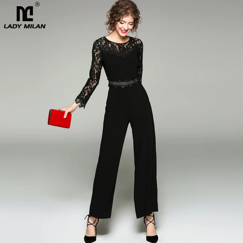 New Arrival 2017 Women's O Neck Long Sleeves Embroidery Lace Bodice Patchwork Fashion High Street Jumpsuits&ampRompers | Женская