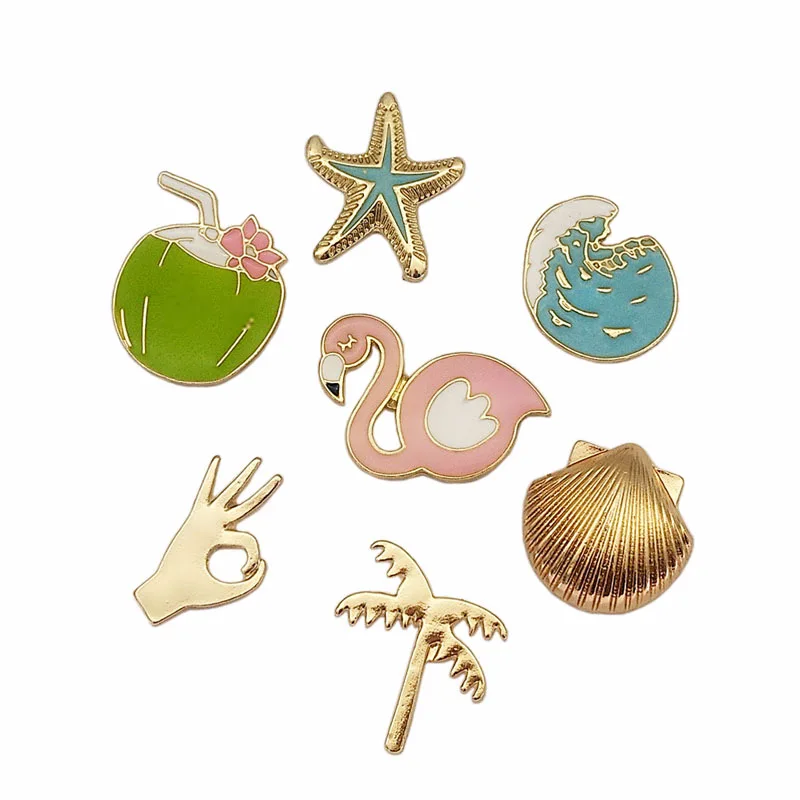 

Summer Hawaii Holiday Style Coconut Palm Tree Ocean Sea Wave Brooch Pins flamingo Starfish sHELL Booch For Enamel badge Jewelry