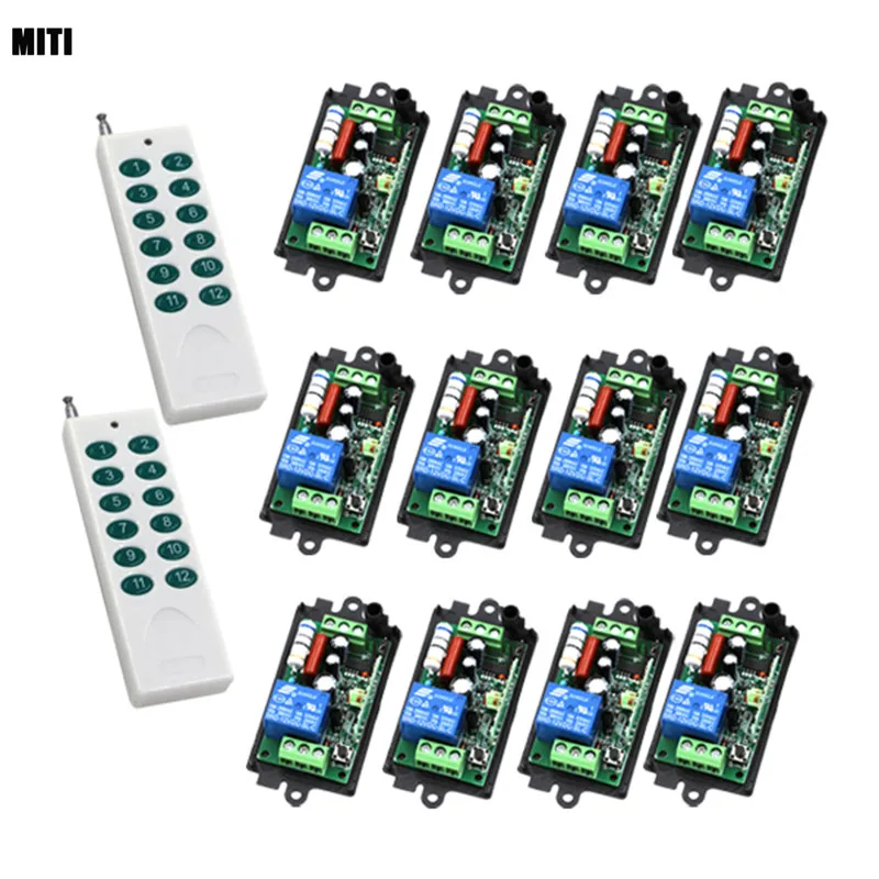 

AC 220V 110V 30MA 200M 1 Channel 2 Controller+12 Receiver Wireless Remote Control Switch Relay for Smart Control 4021