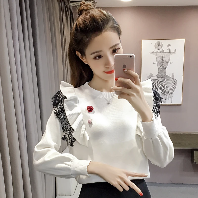 female sweater ruffles o-neck computer knitted pullovers patchwork new Korean version women Sweaters