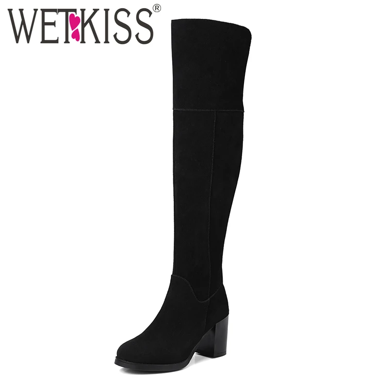 

WETKISS Unique Ladies Full Leather Over the Knee Boots Cow Suede Short Plush Winter Boots for Women Shoes High Heels Boot Zipper