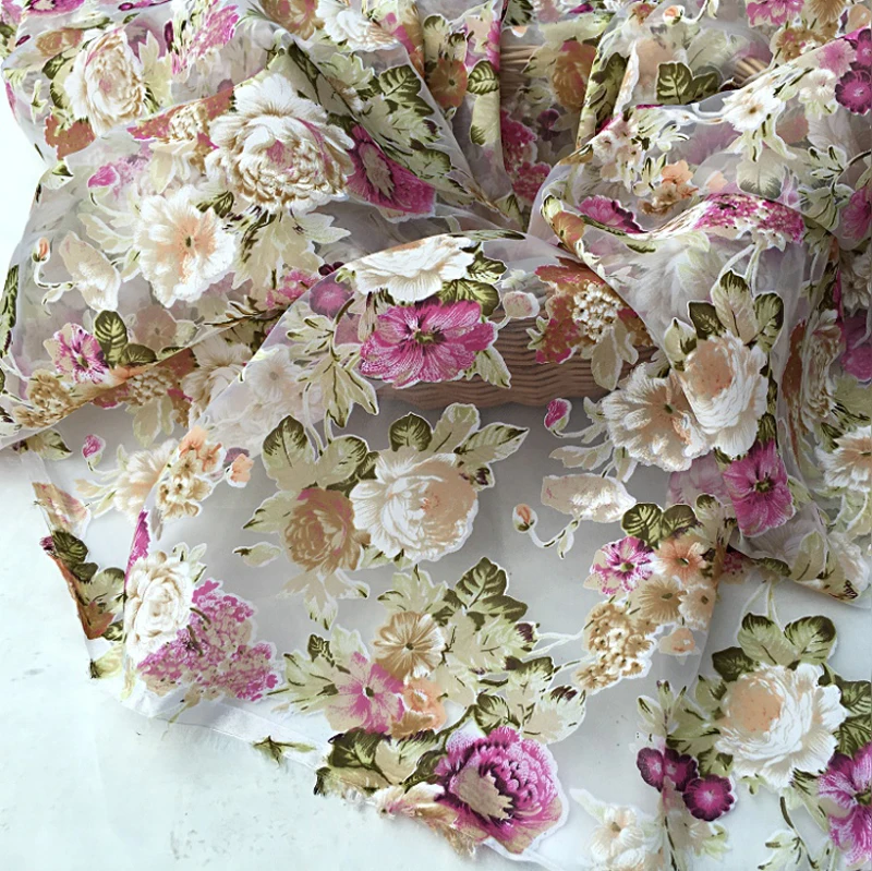 

Colorful Floral Pattern Burn out Gauze Dress Material Organza Print