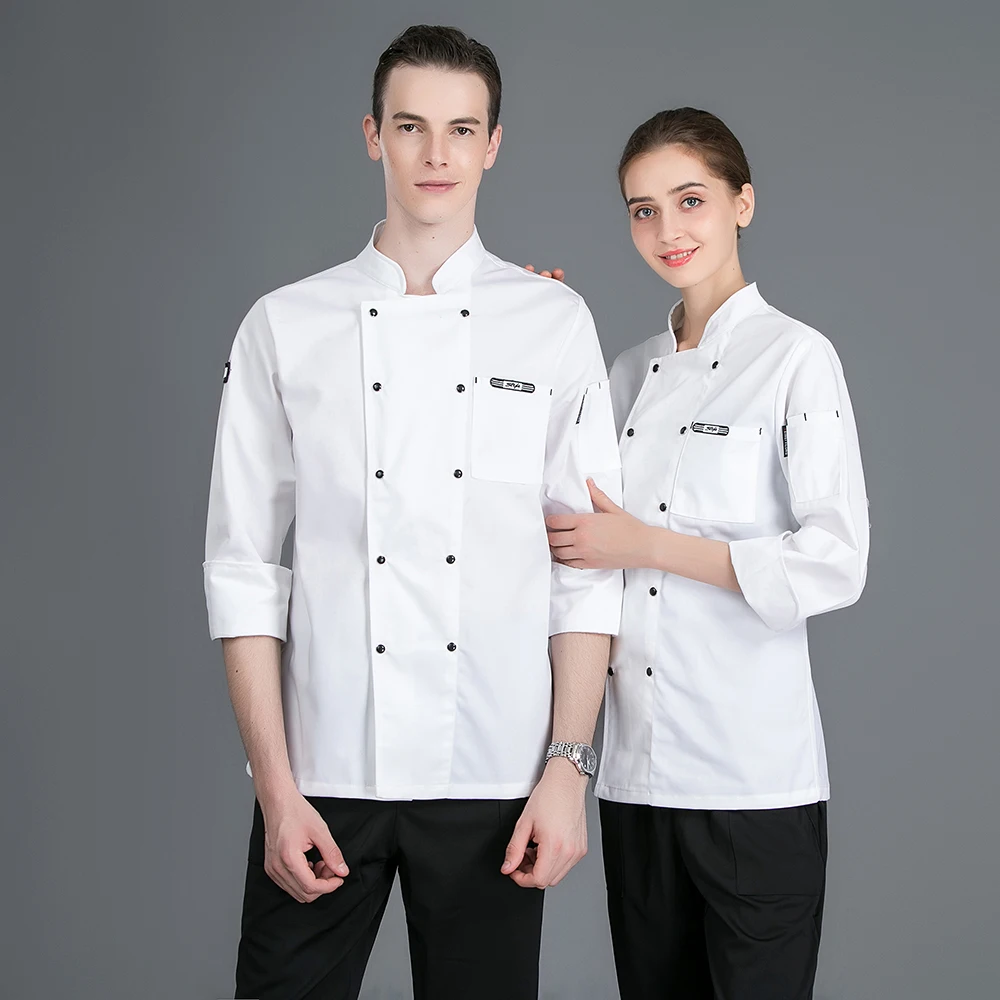 Нашивка Вышивка Стенд воротник двубортный шеф-повар униформа унисекс зима с длинным рукавом шеф-повар куртка кухня ресторан Рабочая форма