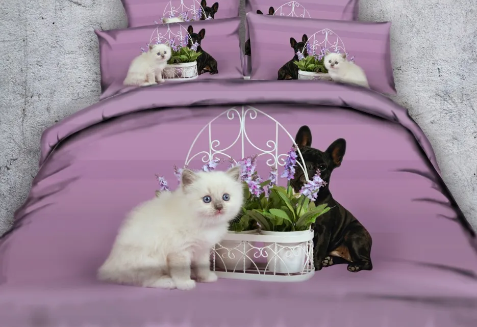 dog print bedding Кота 3D с принтом собаки постельные принадлежности пурпурного цвета в комплекте; вечерний комплект из простыни пододеяльник наборы постельного белья в мешке листов белье супер сдвоенная, большая Полный 4 шт - Цвет: dog print bedding