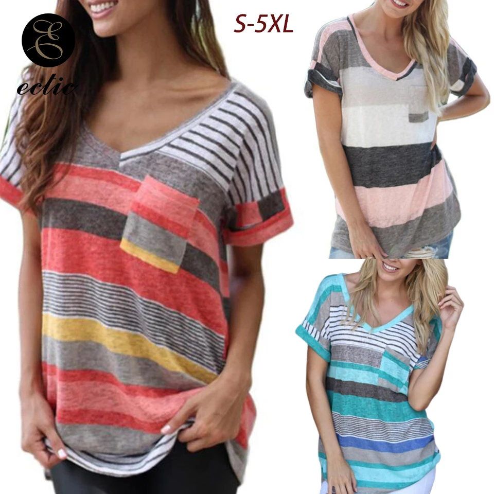

Tunic Big Plus Size 5xl Vetement Femme 2019 Color Block Shirt Red Green Rainbow Striped Short Sleeve Shirt Kawaii Clothes Women