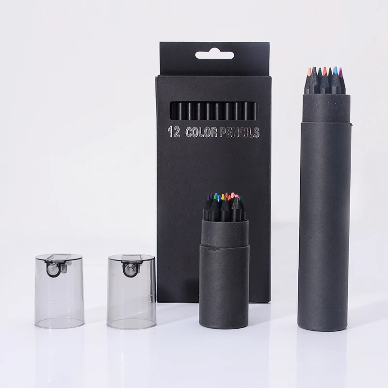 

12 Pcs/Set 12 Colours Colored Pencil Packaging High Quality Black Wooden Pencils for Drawing Soft Painting Sketch Stationery