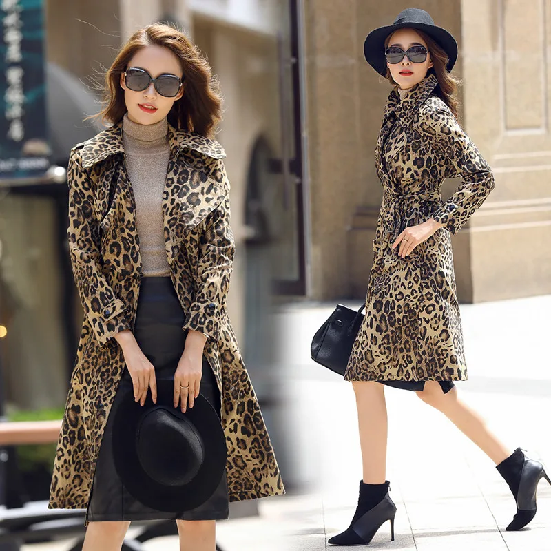 Длинное пальто для женщин с леопардовым принтом ветровка поясом 2019|trench coat for