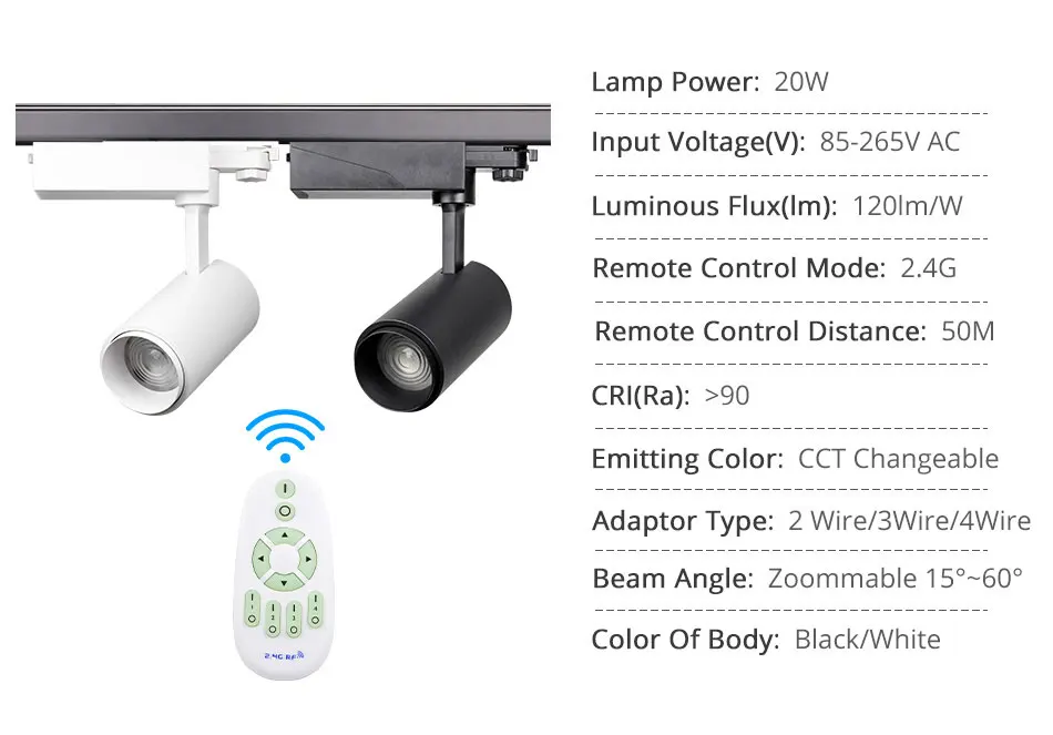 20 Вт масштабируемый Трековый светильник 2,4G RF беспроводной контрольный Трековый рельсовый Точечный светильник ing system яркость CCT затемняемый цвет сменный