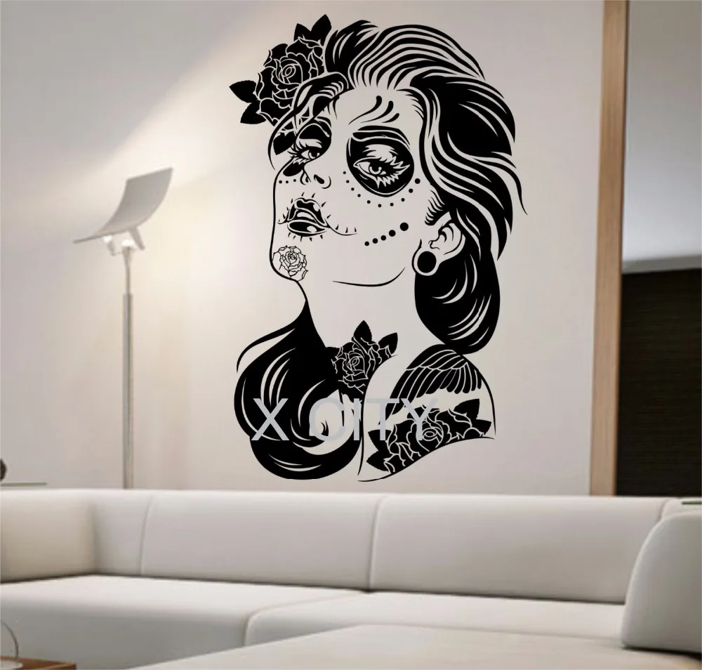 Day of the Dead Wall  Decal  ROSES GIRL Vinyl Sticker  Art  