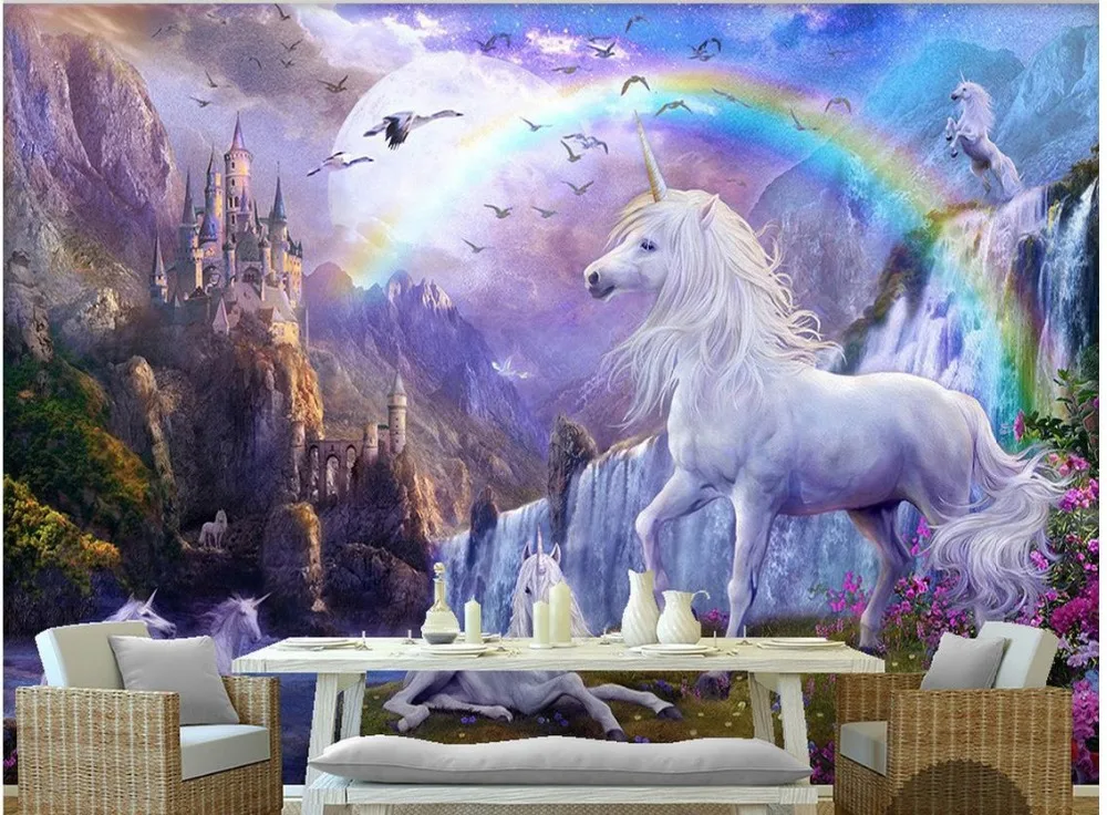 

Custom 3d photo wallpaper 3d wall mural wallpaper Blue sky rainbow waterfall white horse animal landscape paintings 3d wallpaper