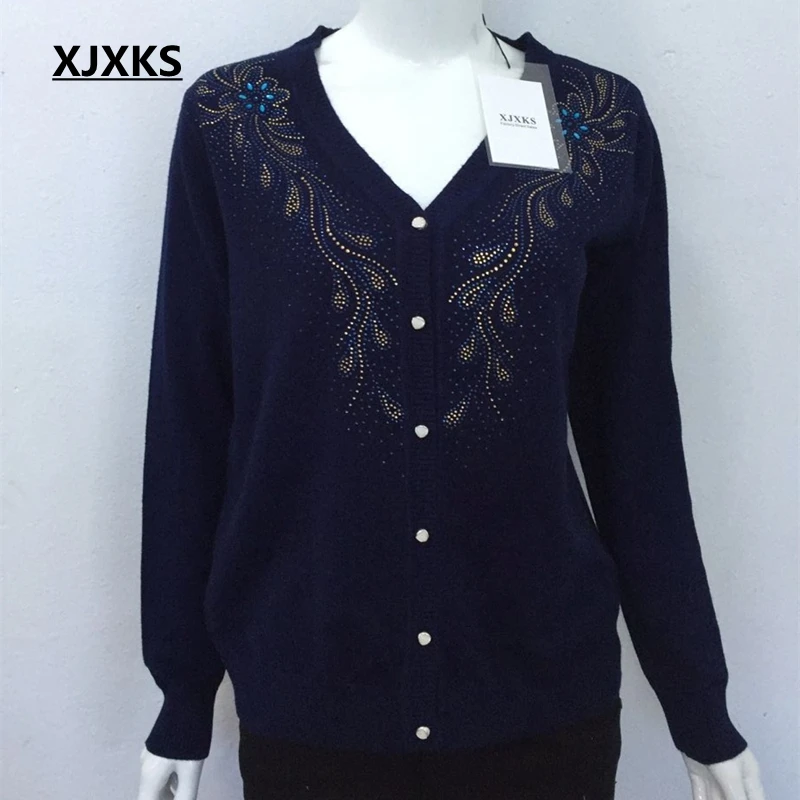 XJXKS, весенний и осенний кардиган с длинными рукавами, свитер, женский свободный вязаный свитер, большие размеры, S-5XL, универсальный кардиган с бриллиантами