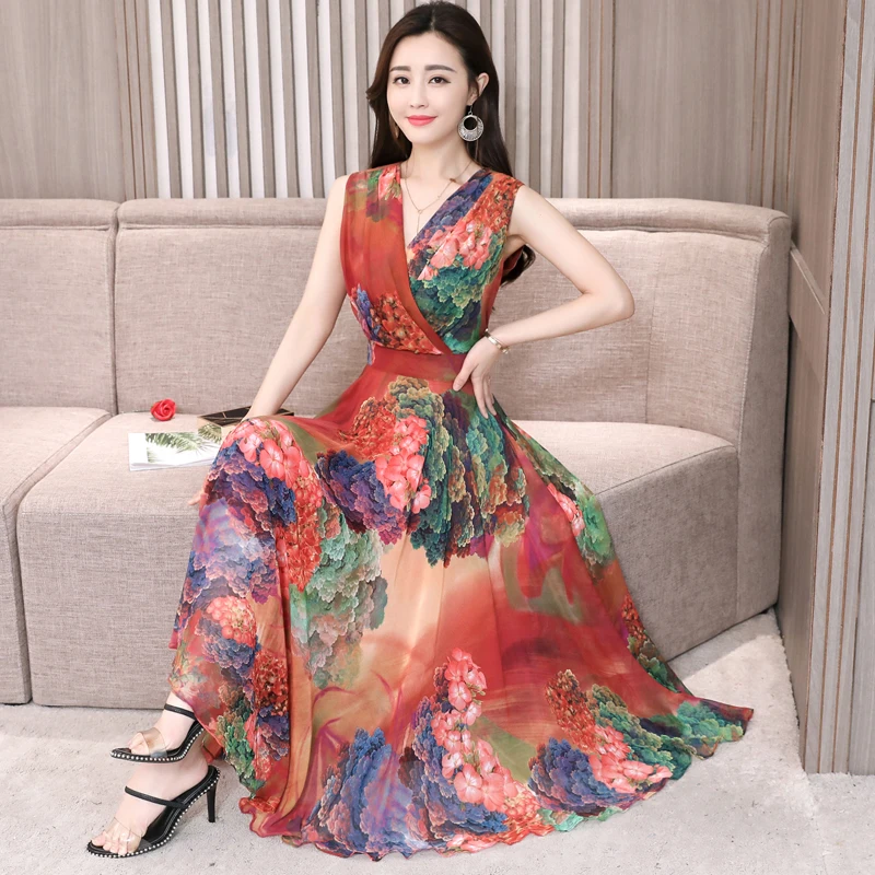 Beste Hoge Kwaliteit 2019 Zomer Nieuwe Collectie V Kraag Mouwloze Bloem Gedrukt Plus Size M 3XL Vrouw Chiffon Lange Jurk