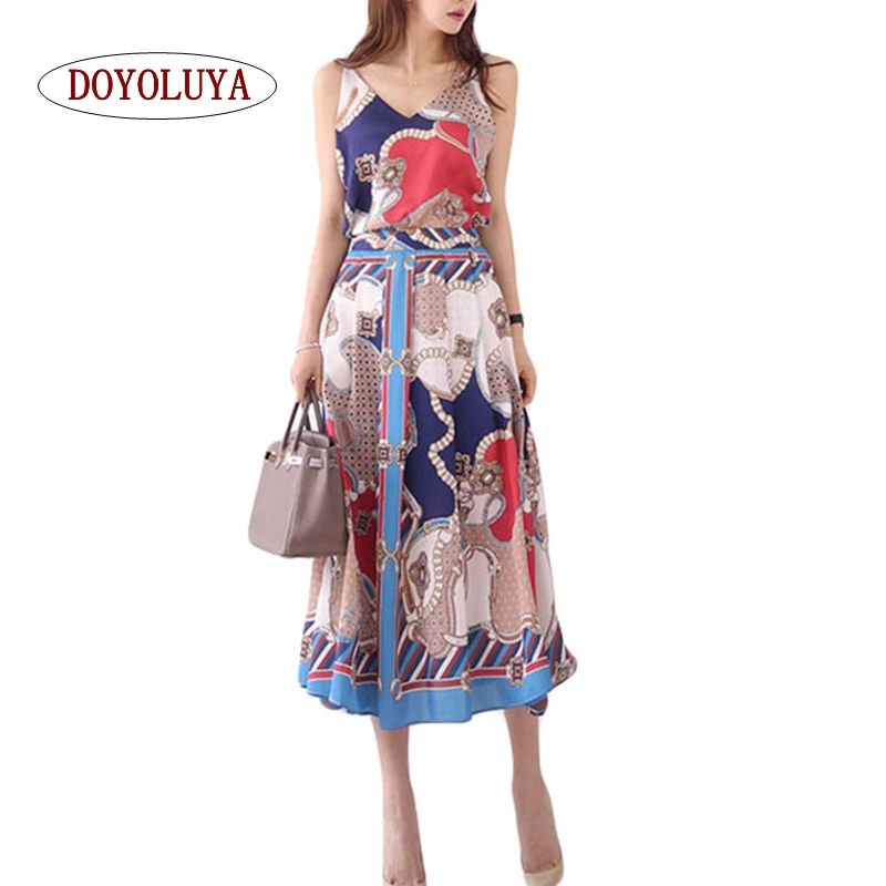 

[DOYOLUYA] Bohemian Style Beach Suits Women 2019 Summer 2 Pieces Spaghetti Strap Blouses & Print A-line Swing Skirt Casual Set
