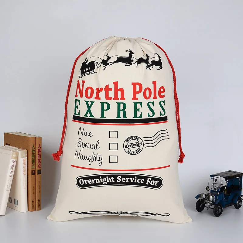 

North pole express Christmas Gift Bag 12 styles Drawstring Canvas Santa Sack Rustic Vintage Christmas Stocking Bags Decoration