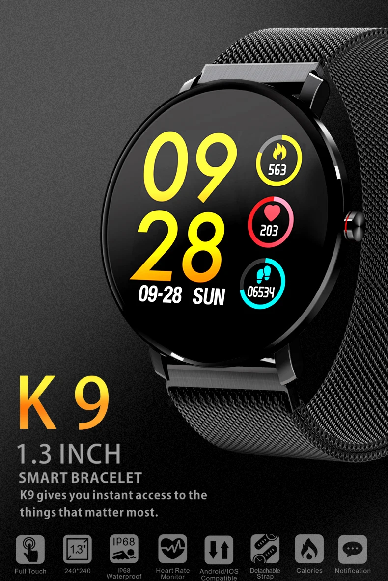 NAIKU K9 спортивные Bluetooth 1,3 дюймов Полностью умные часы с сенсорным экраном фитнес-трекер для мужчин IP68 Водонепроницаемые женские умные часы PK v11 Q8