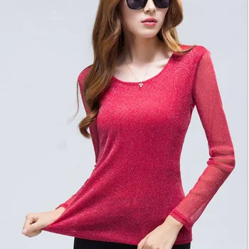 

BIG SIZE S-4XL Lady Sexy Casual Tees 2016 Candy Colors O-Neck Breathable Net Yarn Tops Autumn Fashion T-Shirts