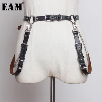 

[EAM] 2020 New Spring Summer Pu Leather Personality Chain Decoration Brief Button Belt Women Fashion Tide All-match JX384
