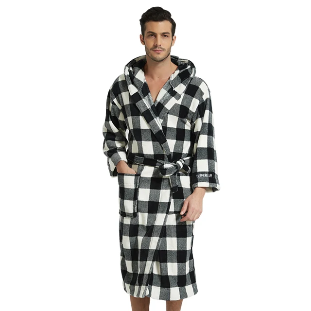 Plaid Flannel Robe Unisex Black/White Plaid Hooded Flannel Bathrobe