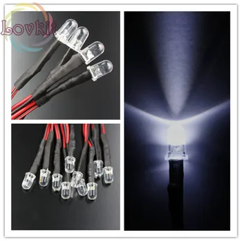 

50pcs High Quality 5MM Round Top 12v Pre-Wired Resistor White LED 12V DC 20cm Emitting Diode DIY For car Lamp Wholesale Retail