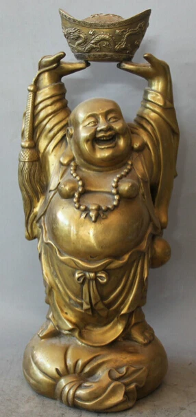 

JP S0524 18" Chinese Buddhism Brass Wealth moneybag Happy Laugh Maitreya Buddha Statue