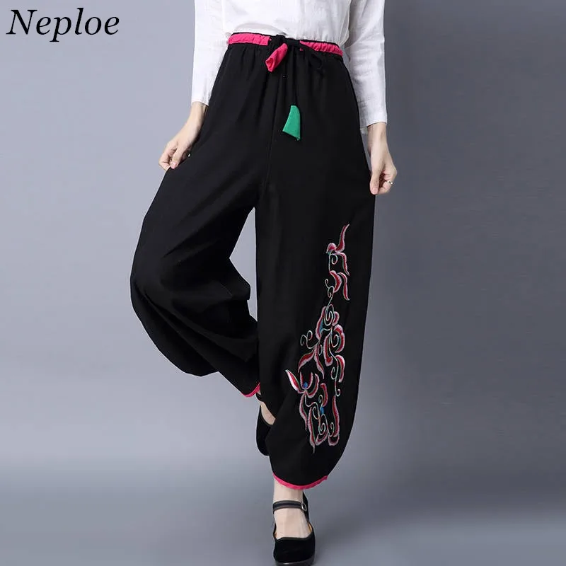 Neploe Casual Women Harem Pants Vintage Embroidery Long Trousers