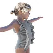 Цельный купальник в полоску для маленьких детей; боди для маленьких девочек; детские купальные костюмы с оборками; пляжная одежда; купальники